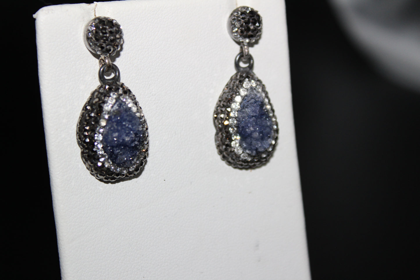 Blue Grey Druze and Marcasite Earrings