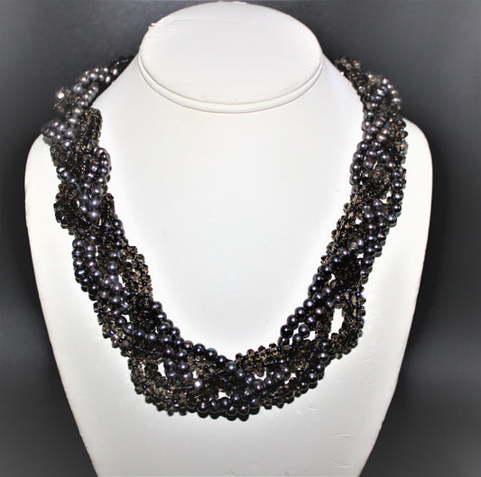 Pearl and Smokey Quartz Braided Necklace