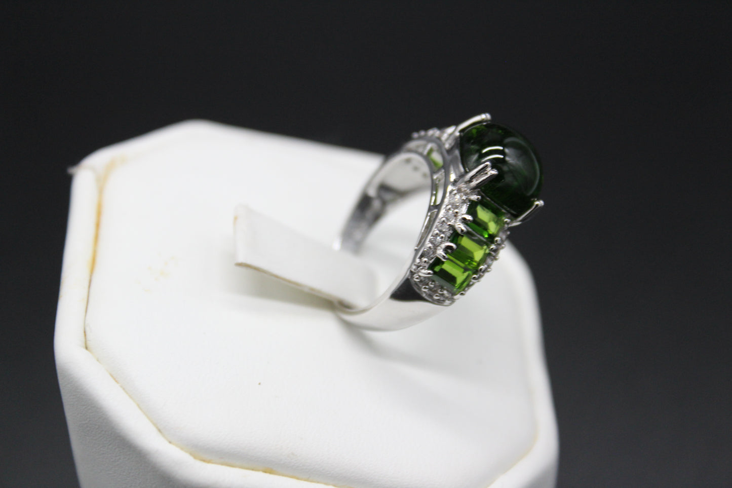 Chrome Diopside Cabochon and Zircon Ring