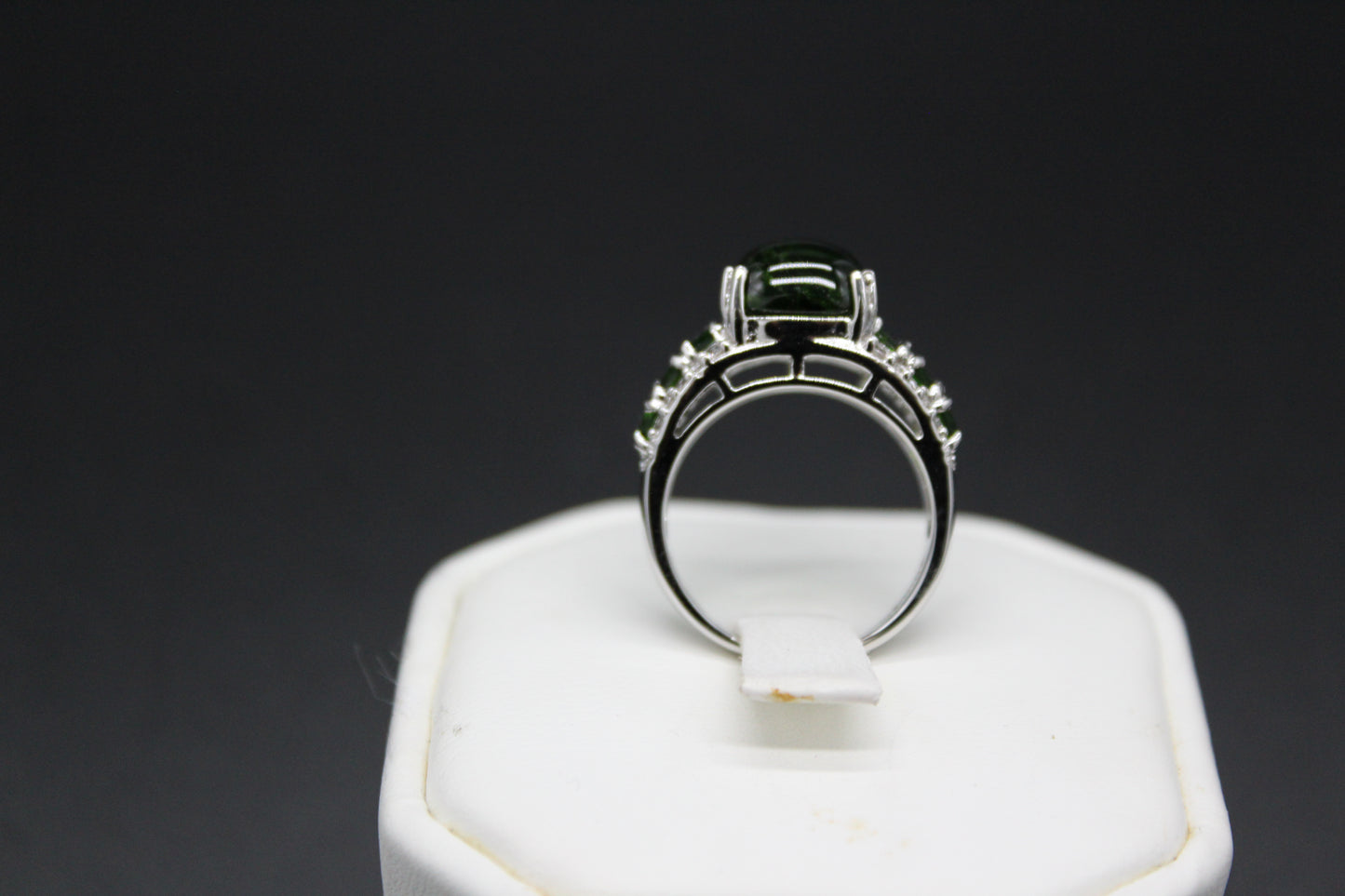 Chrome Diopside Cabochon and Zircon Ring