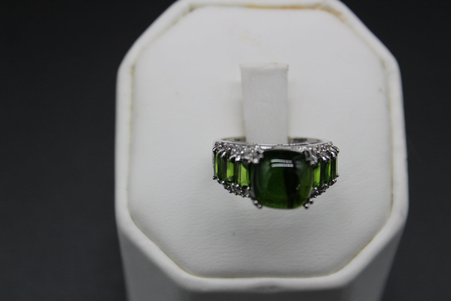 Chrome Diopside Cabochon and Zircon Ring