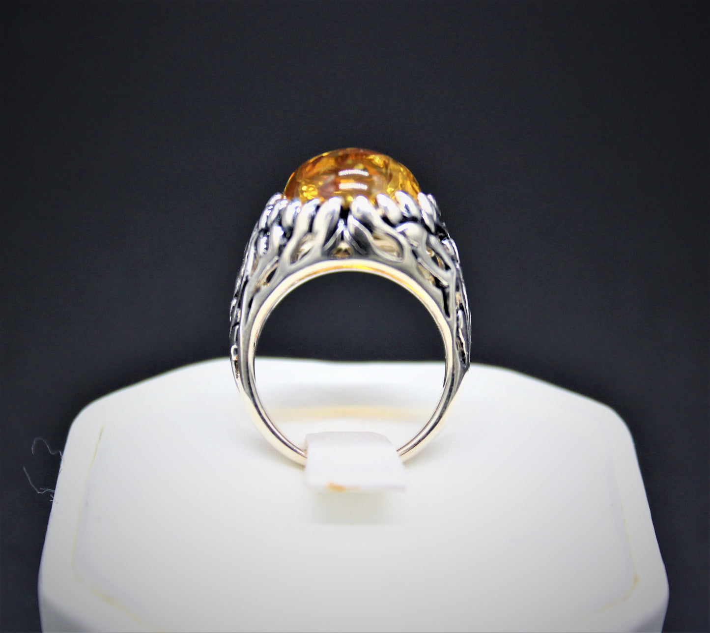 Amber Carved Silver Ring