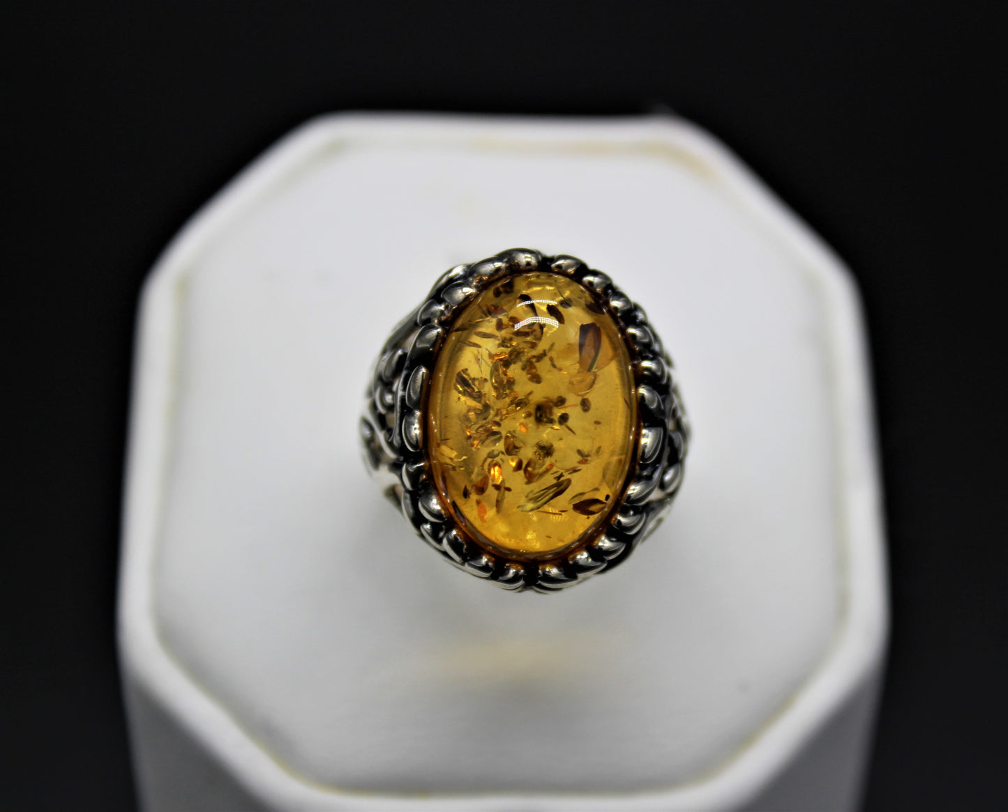 Amber Carved Silver Ring