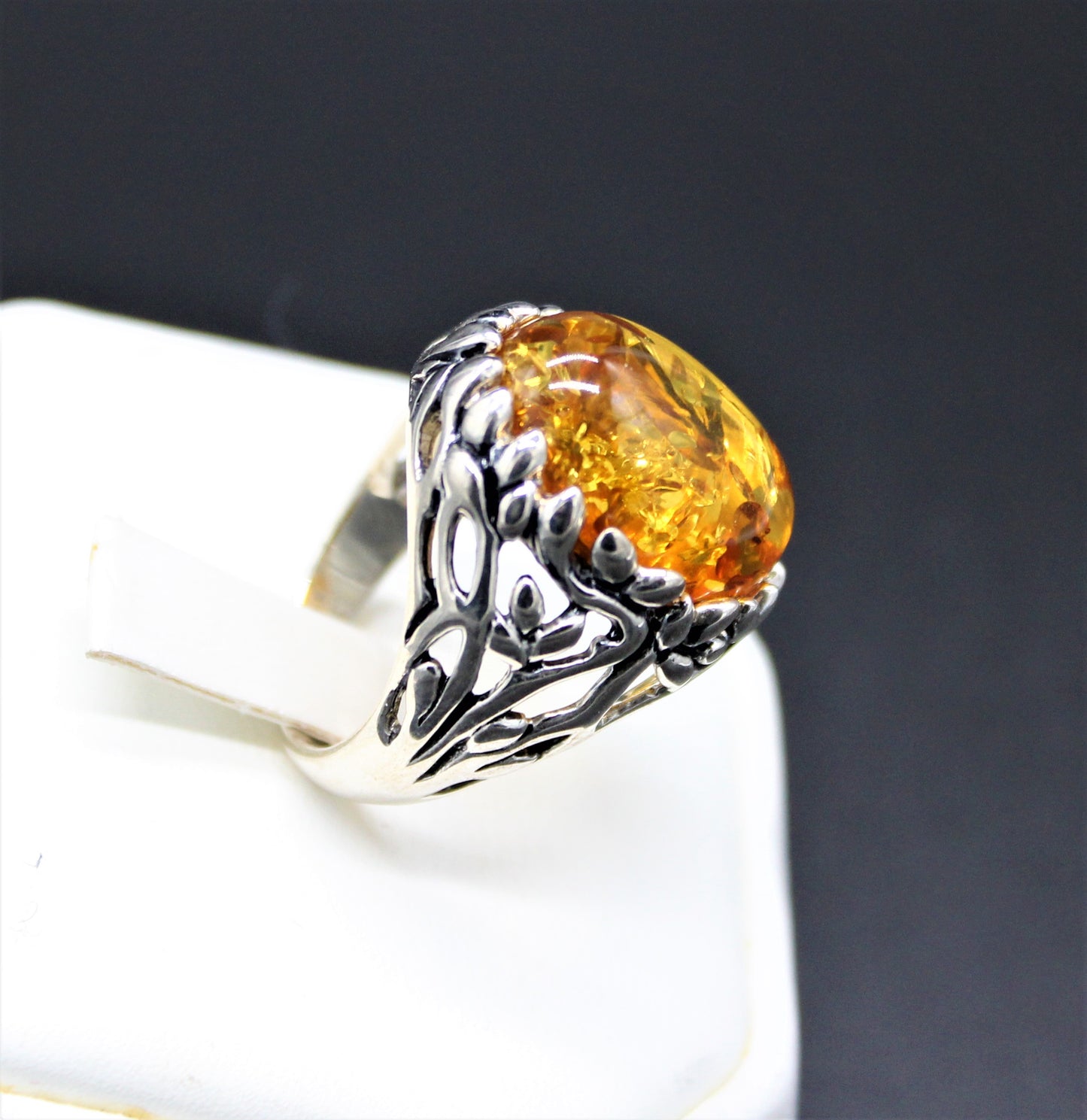 Amber Carved Silver Ring