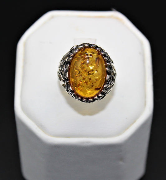 Amber Carved Silver Ring