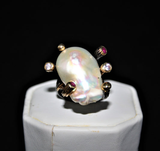 Pearl Ruby Topaz and Emerald Ring