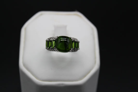Chrome Diopside Cabochon and Zircon Ring