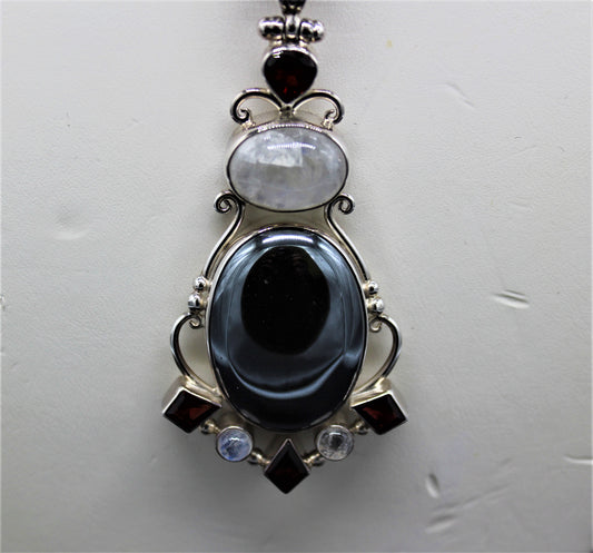 Hematite, Moonstone and Garnet Pendant